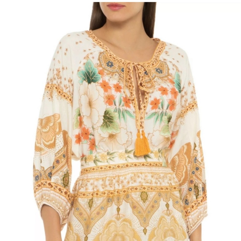 FARM RIO Floral Print Peasant Top Blouse Tassel Tie 3/4 Sleeves Beige Cream S/P